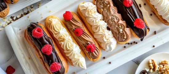 Wall Mural - Top view of eclair cakes displayed on a white plate background with copy space image