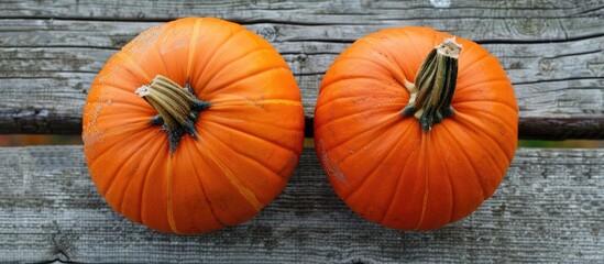 Poster - Top view of two pumpkins on a wooden surface with a clear focus on the stem area ideal for a copy space image