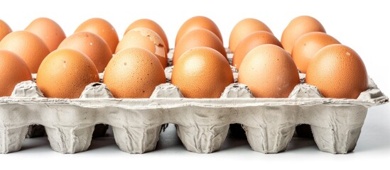 Canvas Print - Fresh raw chicken eggs in a brown carton bought from a market are easy to purchase cook and enjoy for good health Isolated on a white background with copy space image