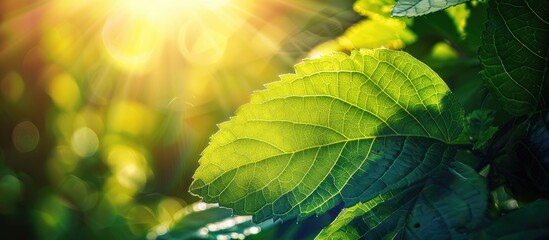 Poster - Focus on a green leaf in sunlight for a nature themed copy space image