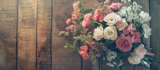 Sticker - Vintage filtered flowers bouquet on a wooden background with copy space image