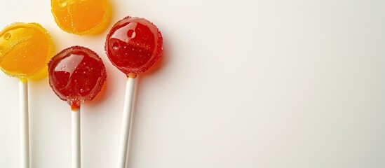 Poster - A minimalistic style image featuring colorful tasty caramel lollipops on a light background with copy space Displaying selective focus