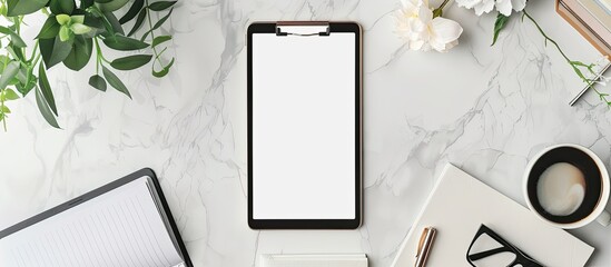 Sticker - Modern feminine workspace with tablet frame clipboard and accessories arranged in a flat lay style seen from the top with copy space image available