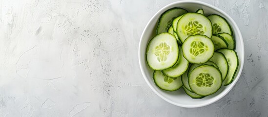 Poster - White bowl filled with cucumber slices against a copy space image