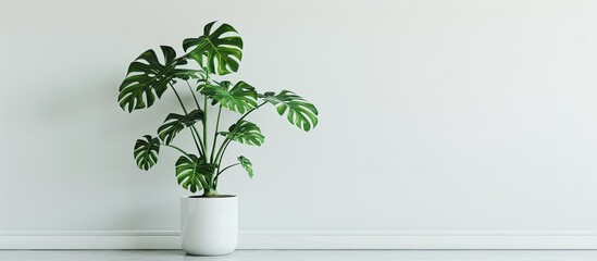 Poster - Scandinavian style room features a white pot with a lovely monstera flower against an empty white wall creating a minimalistic ambiance with a copy space image