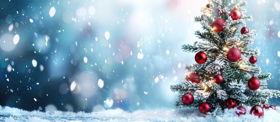 Fototapete - Snow covered Christmas tree adorned with baubles with copy space image