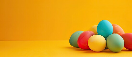 Poster - Easter concept with vibrant eggs on a yellow background for festive occasions like holiday cards or posters in this studio copy space image