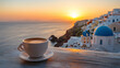 © gabriele - a cup with Greek coffee on the table against the backdrop, blue dome and white houses. A beautiful sunrise in Greece