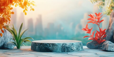 Poster - Stone Platform with Foliage and Blurred Cityscape Background