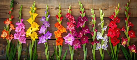 Wall Mural - Vibrant gladioli arranged on a wooden backdrop with a decorative border above creating a postcard idea with an area for text within the image. Creative banner. Copyspace image