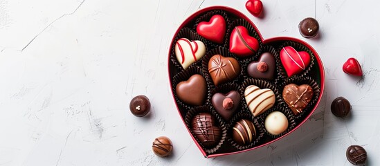 Poster - Heart shaped gift box filled with chocolates on a white backdrop ideal for birthdays Valentine s Day and special occasions with copy space image