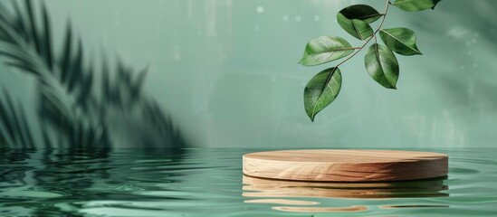 Aufkleber - Top down view of a product presentation on a wooden podium floating in water against a green backdrop accompanying a copy space image