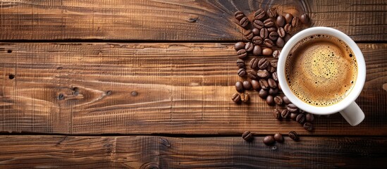 Wall Mural - Wooden background with a cup containing espresso or Americano accompanied by coffee beans offering copy space for displaying images