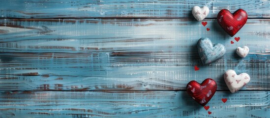 Leinwandbilder - Valentine s Day greeting card with hearts on a wooden background representing love with copy space image