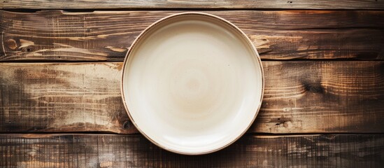 Poster - Top view of an empty plate set on a wooden surface ideal for showcasing or combining with healthy items in a copy space image