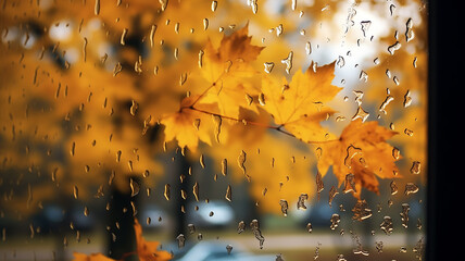 Wall Mural - rain outside the window in the landscape of autumn park and yellow leaves.