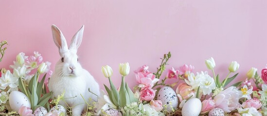 Wall Mural - Easter themed arrangement with bunnies eggs tulips and an area for text in the image. Creative banner. Copyspace image