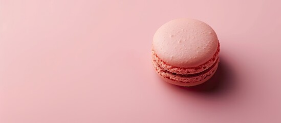Poster - Top view of a pink macaroon biscuit on a pink background with copy space image emphasizing minimalistic food styling