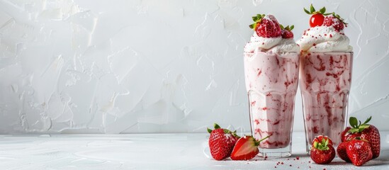 Poster - White table with strawberry milkshake in glass glasses offering ample copy space in a horizontal orientation
