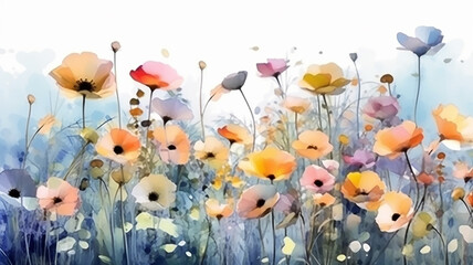 Wall Mural - multicolored wildflowers watercolor field drawing summer.