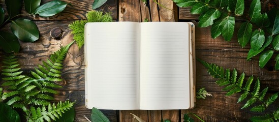 Poster - An open notebook is placed on an oak table with green plants around it creating a serene setting for a copy space image