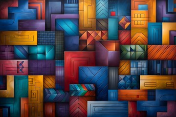 A pattern of interlocking squares and rectangles with a mix of vibrant hues. List of Art Media Art Deco realistic