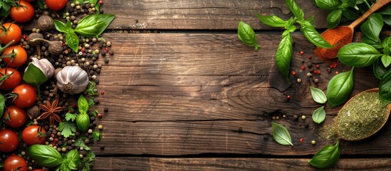 Poster - Top down view of spices and fresh herbs on a wooden table with copy space image