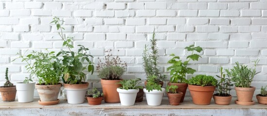 Poster - Various fragrant potted herbs displayed indoors against a white brick wall with copy space image available