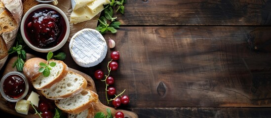 Sticker - Horizontal menu design featuring fresh bread Camembert cheese and cowberry jam on a vintage dark wooden table with copy space image