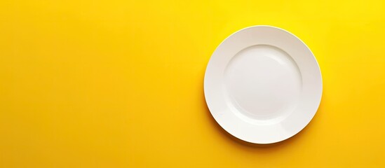 Poster - Empty white plate on a yellow background with copy space image for text