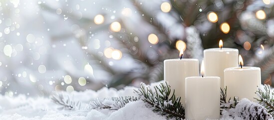 Leinwandbilder - White candles as part of a Christmas decoration with copy space image for text or graphics