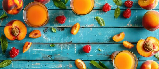 Poster - Flat lay of fresh fruits and natural peach juice on a blue wooden table with copy space image available