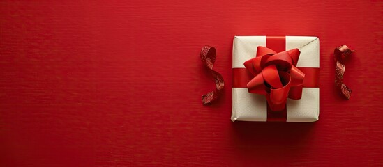 Poster - Top view photo showing a gift box with a bow on a red background ideal for adding text or other images in the open area. Creative banner. Copyspace image