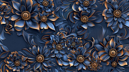 Aufkleber - Luxurious and elegant background with seamless floral pattern featuring blue and gold flowers