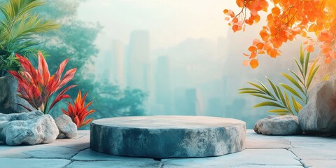 Sticker - Stone Platform with Tropical Plants and City Skyline in Background