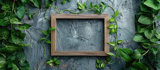 Poster - Wooden picture frame surrounded by green plants on a weathered gray backdrop suitable for home decoration with room for text. Creative banner. Copyspace image