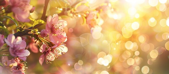 Aufkleber - Background for spring showcasing spring flowers blossom in soft focus with sunlight A lovely nature scene featuring a blooming tree and sun flare ideal as a copy space image
