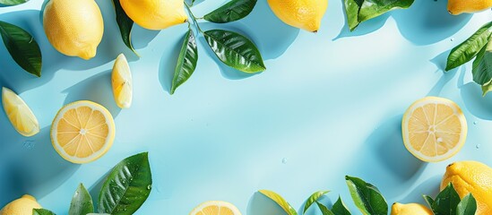 Aufkleber - A fresh and trendy summer themed flat lay with lemon patterns on a bright light blue background with space available for additional images