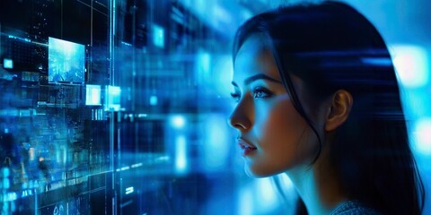 Beautiful woman, technology, artificial intelligence