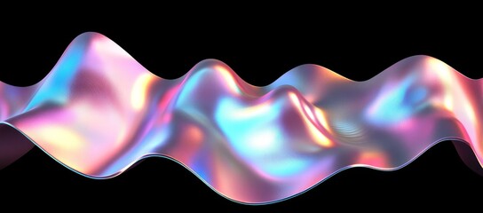 Poster - Iridescent wavy melted substance on black background with a bold holographic liquid blob shape.