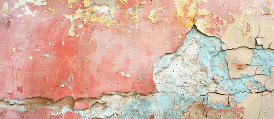 Poster - Abstract art form on old wall with peeling cracked plaster and faded paint creates a unique copy space image