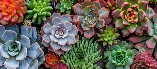 Poster - Succulent plants arranged in an array featuring varying cacti types with copy space image