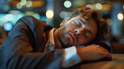 Tired young businessman taking a nap in the office