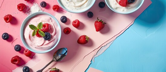 Aufkleber - Space for text on pink and blue background with bowls filled with yogurt berries spoons and a glass suitable for insertion of a copy space image