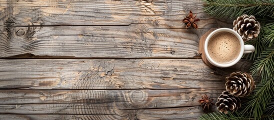 Poster - Rustic wooden planks backdrop for a cup of cocoa with copy space image
