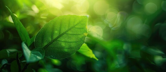 Poster - Scenic green leaf with soft focus green backdrop in a garden bathed in sunlight for a fresh wallpaper concept with room for text as a copy space image