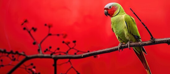 Canvas Print - Gorgeous Alexandrine Parakeet perched on a branch with a vibrant red backdrop creating a striking copy space image