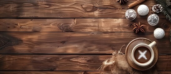 Poster - Rustic wooden planks backdrop for a cup of cocoa with copy space image