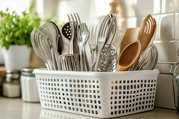 Close-up of kitchen utensils and pots in the dish rack, with clean dishes after washing, against light background