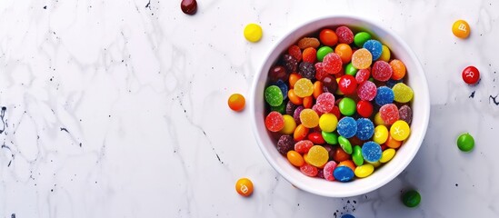 Aufkleber - A variety of colorful candies in a white bowl displayed from a top view on a white background with space for text or graphics. Creative banner. Copyspace image